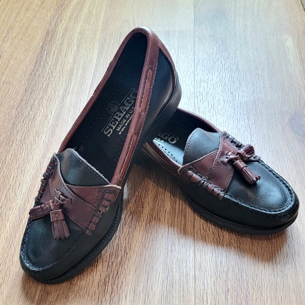 SEBAGO LOAFERS 2 Tone Leather BLACK BROWN Women's Size 8 USA Great Condition